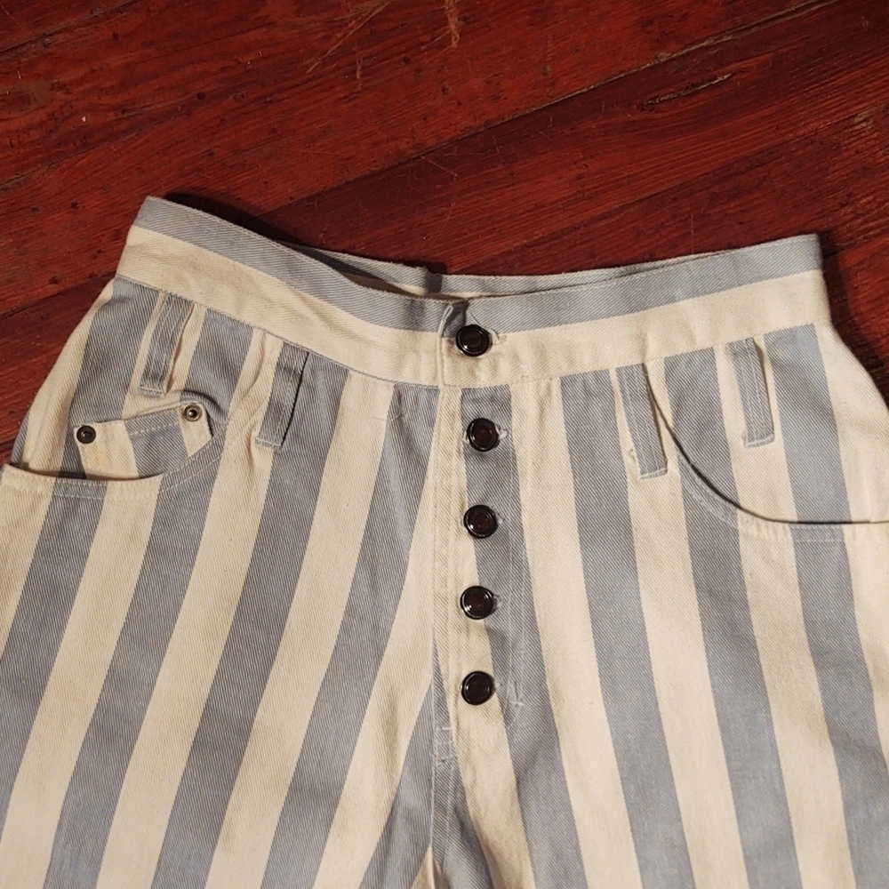 Sienna Blue/White Vertical Stripes Button Fly High Rise Denim Shorts Sz 11/12 - Picture 2 of 7
